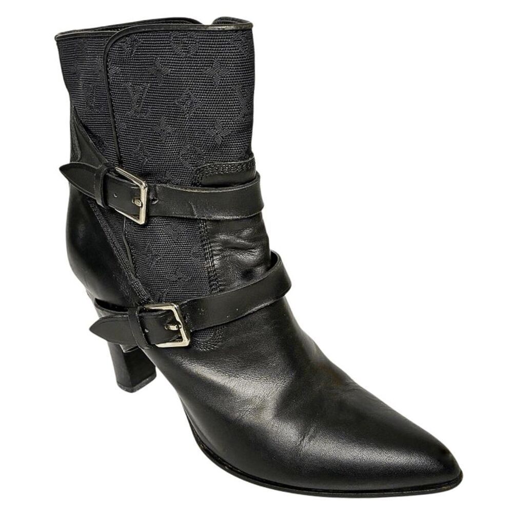 Louis Vuitton Monogram Logo Canvas + Leather Heeled Buckle Booties Black EU 36.5